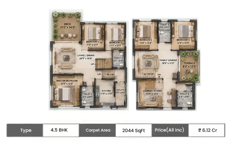 Kalpataru Elitus 4.5 BHK Duplex floor plan, 2044 sq ft carpet area